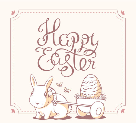 Vector monochrome color illustration of Happy Easter greetings with light bunny on white background. Line art design for web, site, banner, poster, card, paper print, postcard.のイラスト素材