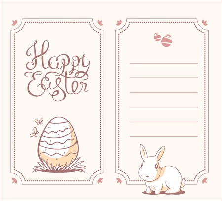 Vector set of vertical monochrome color illustration of Happy Easter greetings with light bunny and egg on white background. Line art design for web, site, banner, poster, card, paper print, postcard.のイラスト素材