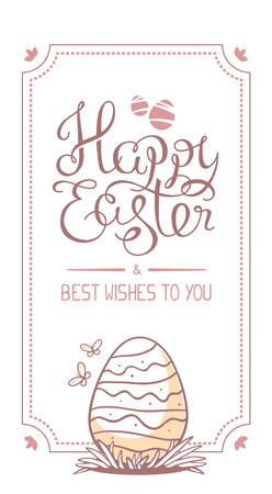 Vector vertical monochrome color illustration of Happy Easter greetings with light egg on white background. Line art design for web, site, banner, poster, card, paper print, postcard.のイラスト素材