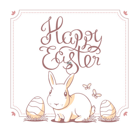 Vector monochrome color illustration of Happy Easter greetings with light bunny and eggs on white background. Line art design for web, site, banner, poster, card, paper print, postcard.のイラスト素材