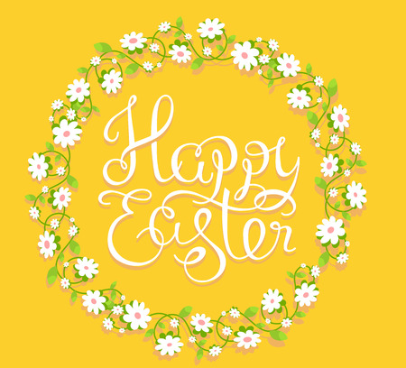 colorful illustration of Happy Easter greetings with text in flower circle on yellow background.のイラスト素材