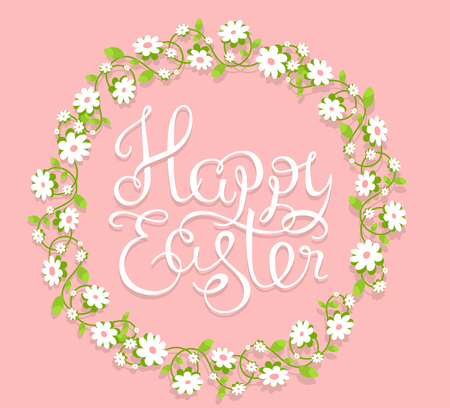 colorful illustration of Happy Easter greetings with text in flower circle on pink background.のイラスト素材