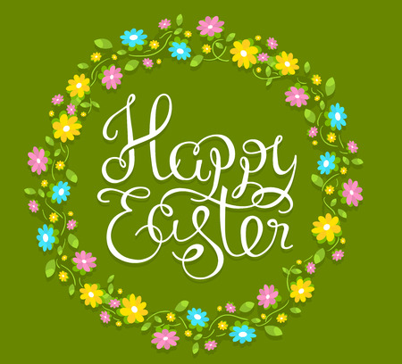 Colorful illustration of Happy Easter greetings with text in flower circle on green background. Line art design for web, site, banner, poster, card, paper print, postcard.のイラスト素材