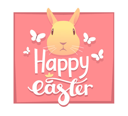 Illustration of Happy Easter greetings with head of yellow bunny on pink background with white frame.のイラスト素材
