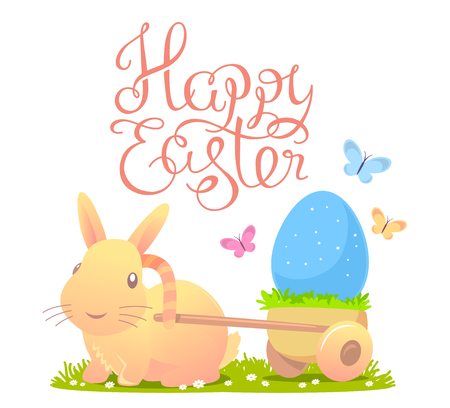 colorful illustration of Happy Easter greetings with yellow bunny, cart and egg on white background.のイラスト素材