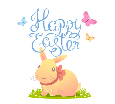 colorful illustration of Happy Easter greetings with yellow bunny on white background.のイラスト素材