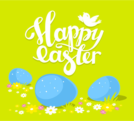 colorful illustration of Happy Easter greetings with three blue eggs in grass on green background.のイラスト素材