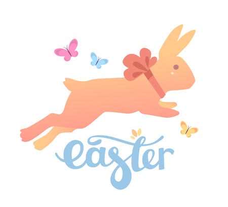 illustration of Happy Easter greetings with yellow bunny with blue text on white background.のイラスト素材