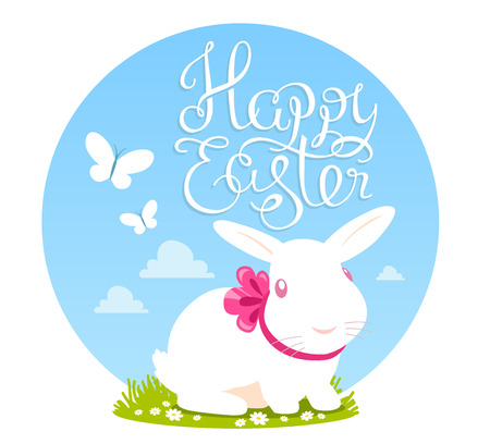 colorful illustration of Happy Easter greetings with white bunny on blue sky background.のイラスト素材
