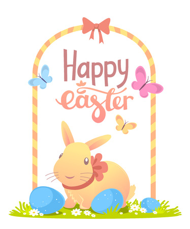 colorful illustration of Happy Easter greetings with yellow bunny, frame and eggs on white background. Line art design for web, site, banner, poster, card, paper print, postcard.のイラスト素材