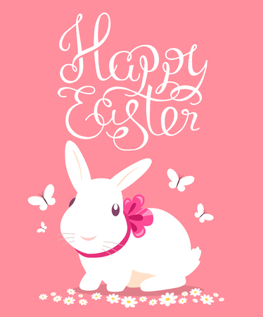 Vector colorful illustration of Happy Easter greetings with white bunny on pink background. Line art design for web, site, banner, poster, card, paper print, postcard.のイラスト素材