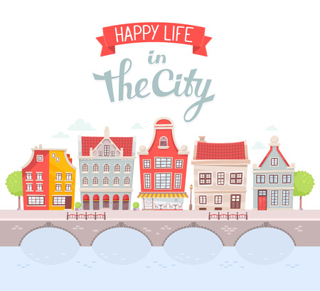illustration of city landscape on the river bank on white background. Art design for web, site, advertising,  poster, brochure, board, card, paper print.のイラスト素材
