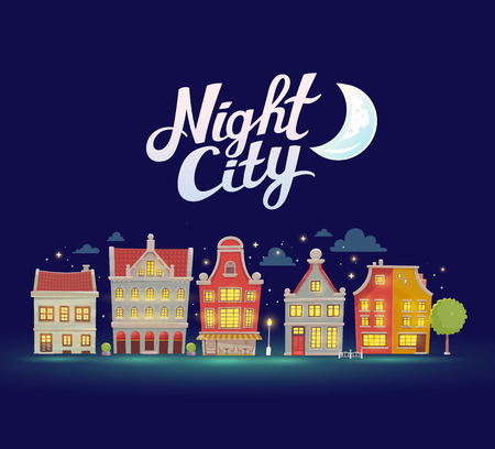 illustration of night city landscape on dark blue sky background. Art design for web, site, advertising, poster, brochure, board, card, paper print.の写真素材