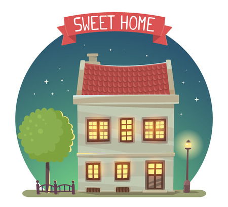 illustration of night house with street lamp and tree in dark blue sky circle on white background. Art design for web, site, advertising, poster,  brochure, board, card, paper print.のイラスト素材