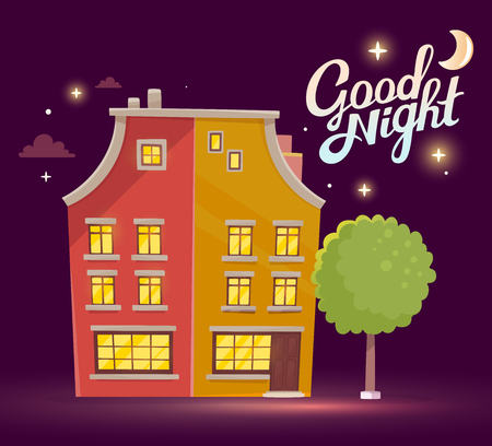 illustration of night building with street lamp on dark purple sky background. Art design for web, site, advertising,  poster, , brochure, board, card, paper print.のイラスト素材
