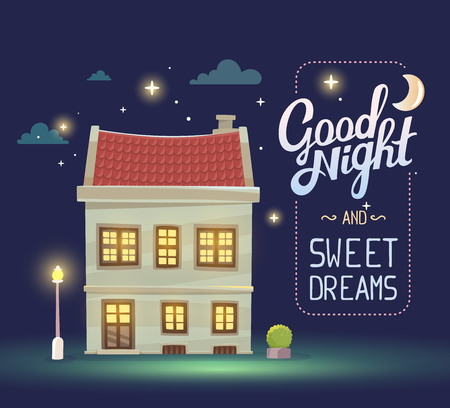 illustration of night house with street lamp and bush on dark blue sky background. Art design for web, site, advertising,  poster, brochure, board, card, paper print.の写真素材