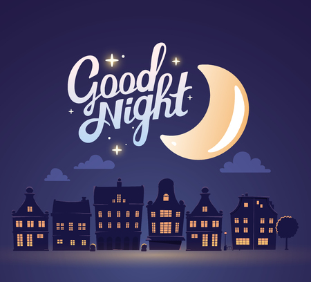 illustration of silhouette of night city landscape on dark blue sky background with big moon. Art design for web, site, advertising, poster,  brochure, board, card, paper print.の写真素材