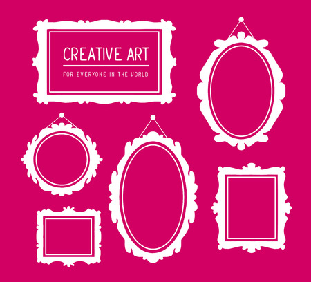 Vector illustration of set of white rectangular and oval frames on pink background. Art design for web, site, advertising, banner, poster, flyer, brochure, board, card, paper print.の写真素材