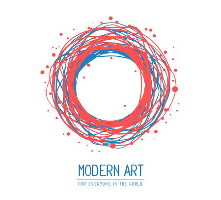 Vector illustration of red and blue color round frame in modern style with text isolated on white background. Art design for web, site, advertising, banner, poster, flyer, brochure, board, card, paper print.の写真素材