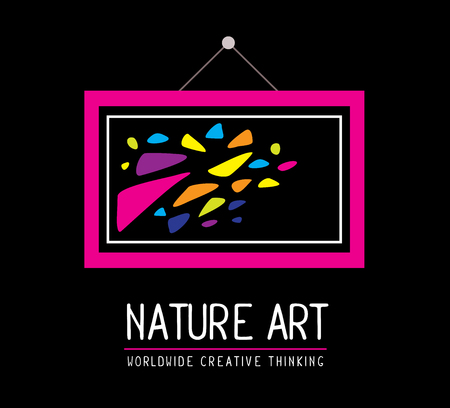 Vector illustration of simple pink rectangular frame within colorful spots and text on black background. Art design for web, site, advertising, banner, poster, flyer, brochure, board, card, paper print.の写真素材