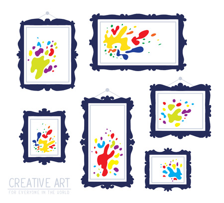 Vector illustration of set of dark blue rectangular frames with colorful spots isolated on white background. Art design for web, site, advertising, banner, poster, flyer, brochure, board, card, paper print.の写真素材