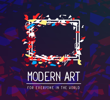 Vector illustration of white color rectangular frame in modern style with colorful abstract pieces and text on dark gradient background. Art design for web, site, advertising, banner, poster, flyer, brochure, board, card, paper print.の写真素材