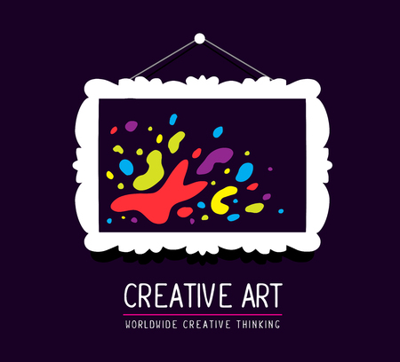 Vector illustration of white rectangular frame in modern style within colorful spots  and text on purple background. Art design for web, site, advertising, banner, poster, flyer, brochure, board, card, paper print.の写真素材