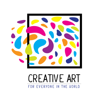 Vector illustration of simple black square frame with colorful spots and text on white background. Art design for web, site, advertising, banner, poster, flyer, brochure, board, card, paper print.の写真素材