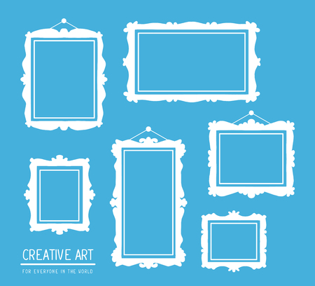 Vector illustration of set of white rectangular frames on blue background. Art design for web, site, advertising, banner, poster, flyer, brochure, board, card, paper print.の写真素材