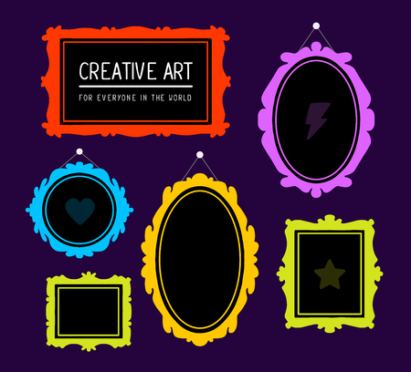 Vector illustration of colorful set of rectangular and oval frames on purple background. Art design for web, site, advertising, banner, poster, flyer, brochure, board, card, paper print.の写真素材