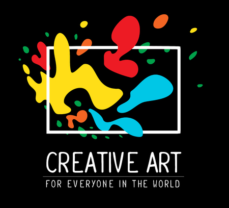 Vector illustration of simple white rectangular frame within colorful spots and text on black background. Art design for web, site, advertising, banner, poster, flyer, brochure, board, card, paper print.の写真素材