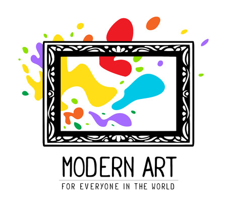 Vector illustration of black rectangular frame in modern style with colorful spots isolated on white background. Art design for web, site, advertising, banner, poster, flyer, brochure, board, card, paper print.の写真素材