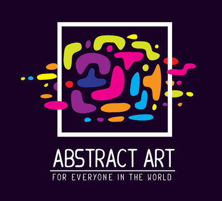 Vector illustration of simple white square frame with colorful spots and text on purple background. Art design for web, site, advertising, banner, poster, flyer, brochure, board, card, paper print.の写真素材