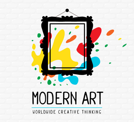 Vector illustration of black rectangular frame in modern style with colorful spots with text on white brick background. Art design for web, site, advertising, banner, poster, flyer, brochure, board, card, paper print.の写真素材
