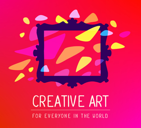 Vector illustration of dark purple rectangular frame in modern style with colorful spots  and white text on red gradient background. Art design for web, site, advertising, banner, poster, flyer, brochure, board, card, paper print.の写真素材