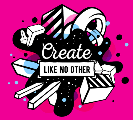 Vector illustration of colorful blue and white abstract composition with frame and black text on pink background. Line art design for web, site, banner, poster, board, card, paper print, t-shirt.のイラスト素材