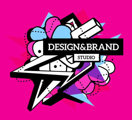 Vector illustration of colorful blue and white abstract composition with black frame and text on pink background. Line art design for web, site, banner, poster, board, card, paper print, t-shirt.のイラスト素材