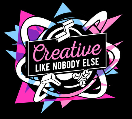 Vector illustration of colorful pink and blue abstract composition with white text on black background. Line art design for web, site, banner, poster, board, card, paper print, t-shirt.のイラスト素材