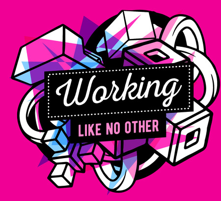 Vector illustration of colorful blue and white abstract composition with black frame and text on pink background. Line art design for web, site, banner, poster, board, card, paper print, t-shirt.のイラスト素材