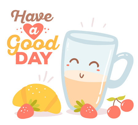 illustration of colorful red, blue and yellow breakfast theme objects with text isolated on white background.のイラスト素材