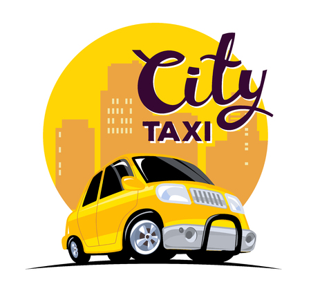Vector illustration of yellow color taxi car in big city with header on white background. Art design for web, site, advertising, banner, poster, flyer, brochure, board and print.のイラスト素材