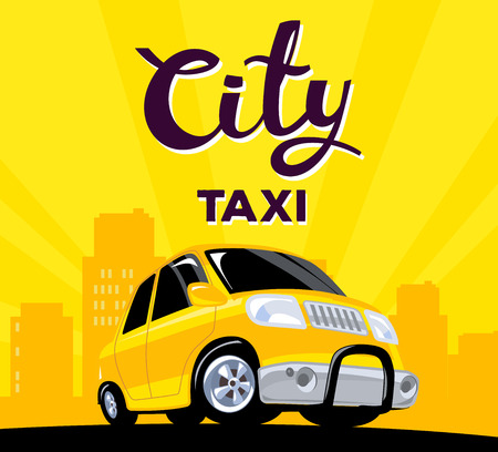 Vector illustration of taxi car on black road in big city with header on yellow background. Art design for web, site, advertising, banner, poster, flyer, brochure, board and print.のイラスト素材