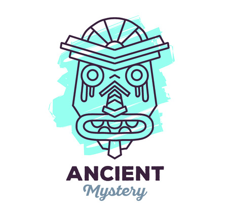 Vector illustration of ethnic tribal blue color mask with text on white background. Hand drawn line art design. Ethnic mask. Tribal mask. Vector mask. Mask eps. Mask line art.Ancient mask.のイラスト素材