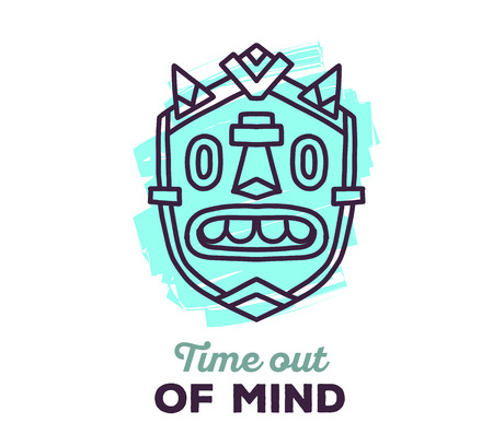 Vector illustration of ethnic tribal blue color mask with text on white background. Hand drawn line art design. Ethnic mask. Tribal mask. Vector mask. Mask eps. Mask line art.のイラスト素材