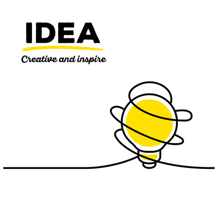 Vector illustration of yellow color light bulb with black wire and text on white background. Creative and inspire concept. Thin line art flat design of light bulb for inspiration and creative idea themeのイラスト素材