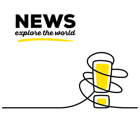Vector illustration of yellow color exclamation mark with black wire and text on white background. Explore the world concept. Thin line art flat design of exclamation mark for warning and important information themeのイラスト素材