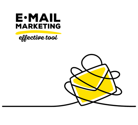 Vector illustration of yellow color envelope with black wire and text on white background. Effective tool concept. Thin line art flat design of envelope for e-mail marketing themeのイラスト素材