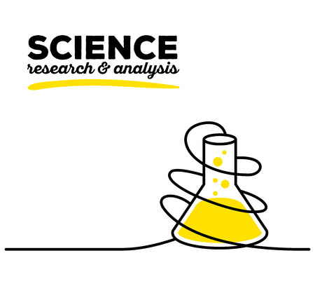 Vector illustration of yellow color flask with black wire and text on white background. Research and analysis concept. Thin line art flat design of flask for science and chemical themeのイラスト素材