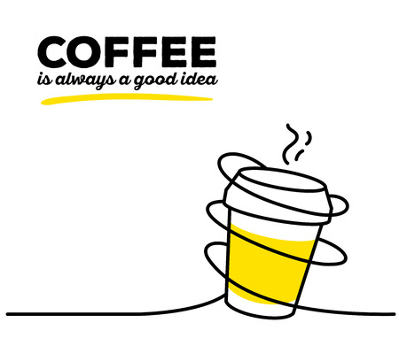 Vector illustration of yellow color takeaway cup coffee with black wire and text on white background. Coffee is always a good idea concept. Thin line art flat design of coffee cup for coffee break and morning themeのイラスト素材