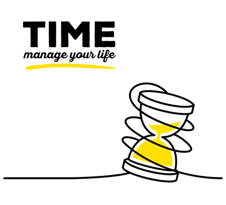 Vector illustration of yellow color sandglass with black wire and text on white background. Manage your life concept. Thin line art flat design of hourglass for time management themeのイラスト素材